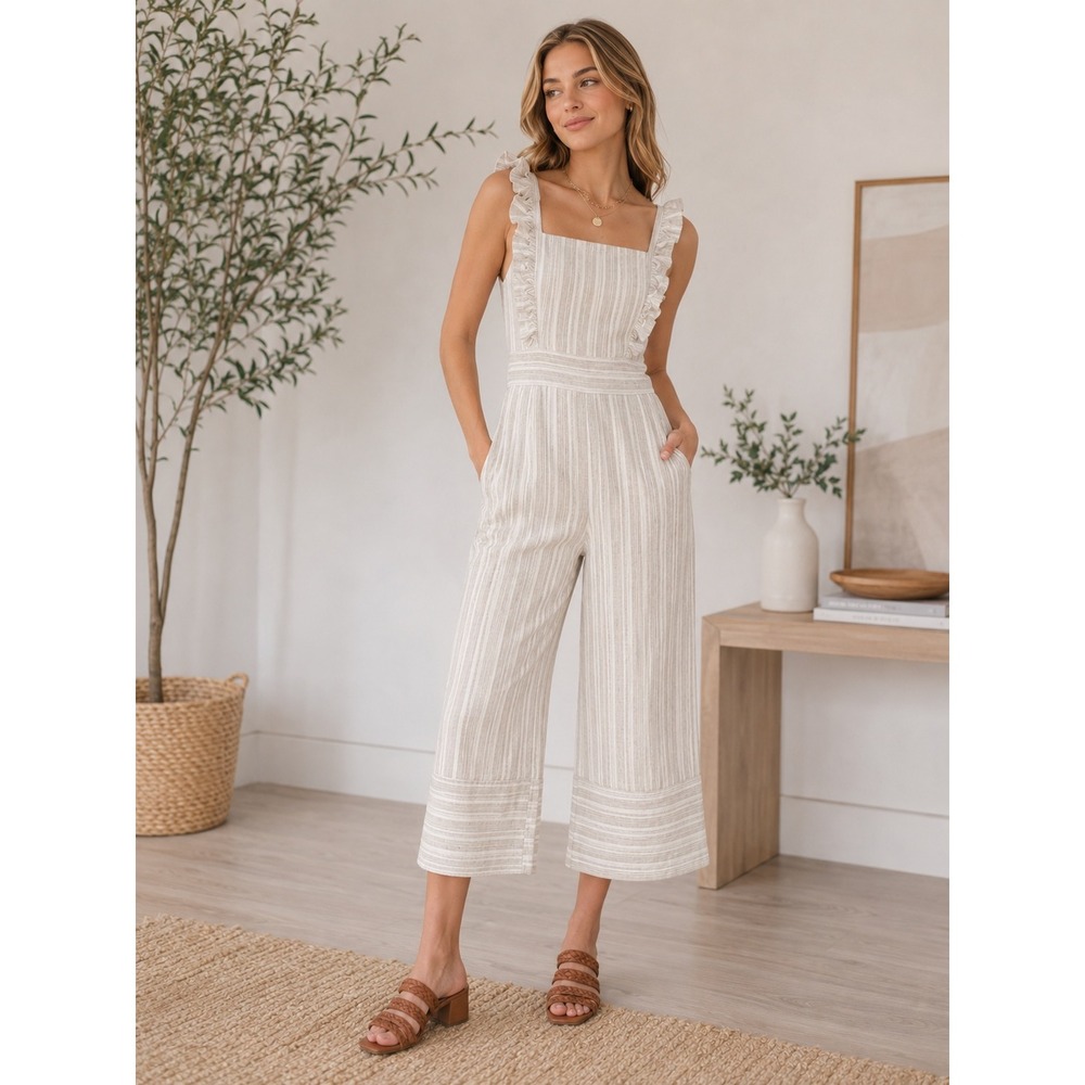 Lulus Emilia Rae Linen Blend Jumpsuit Small Wide Leg Ruffle Strap Coastal Resort